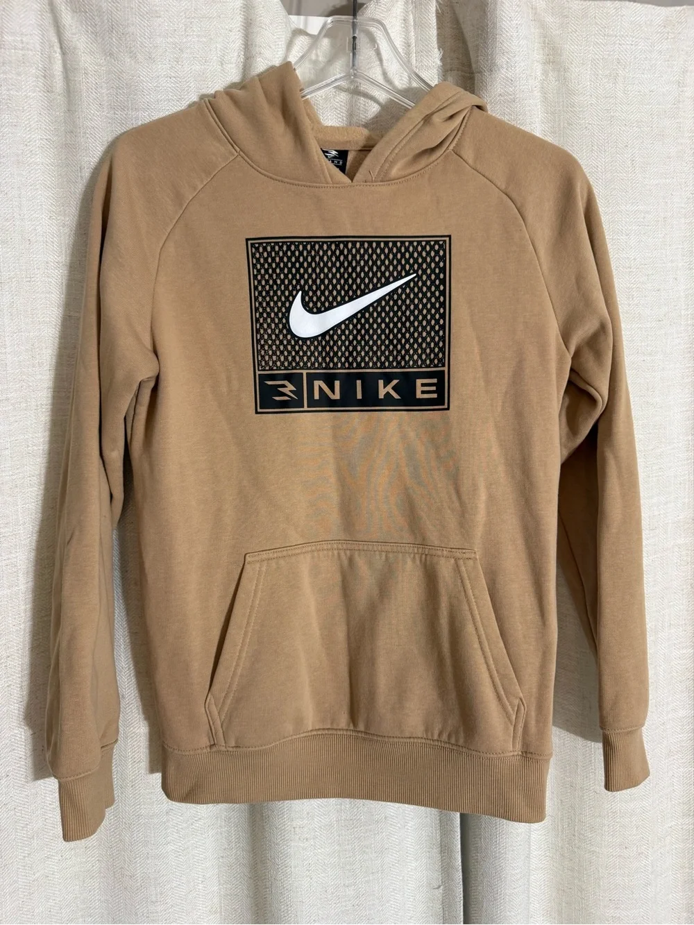 Nike boys Tan Pullover Hoodie with White Swoosh Graphic